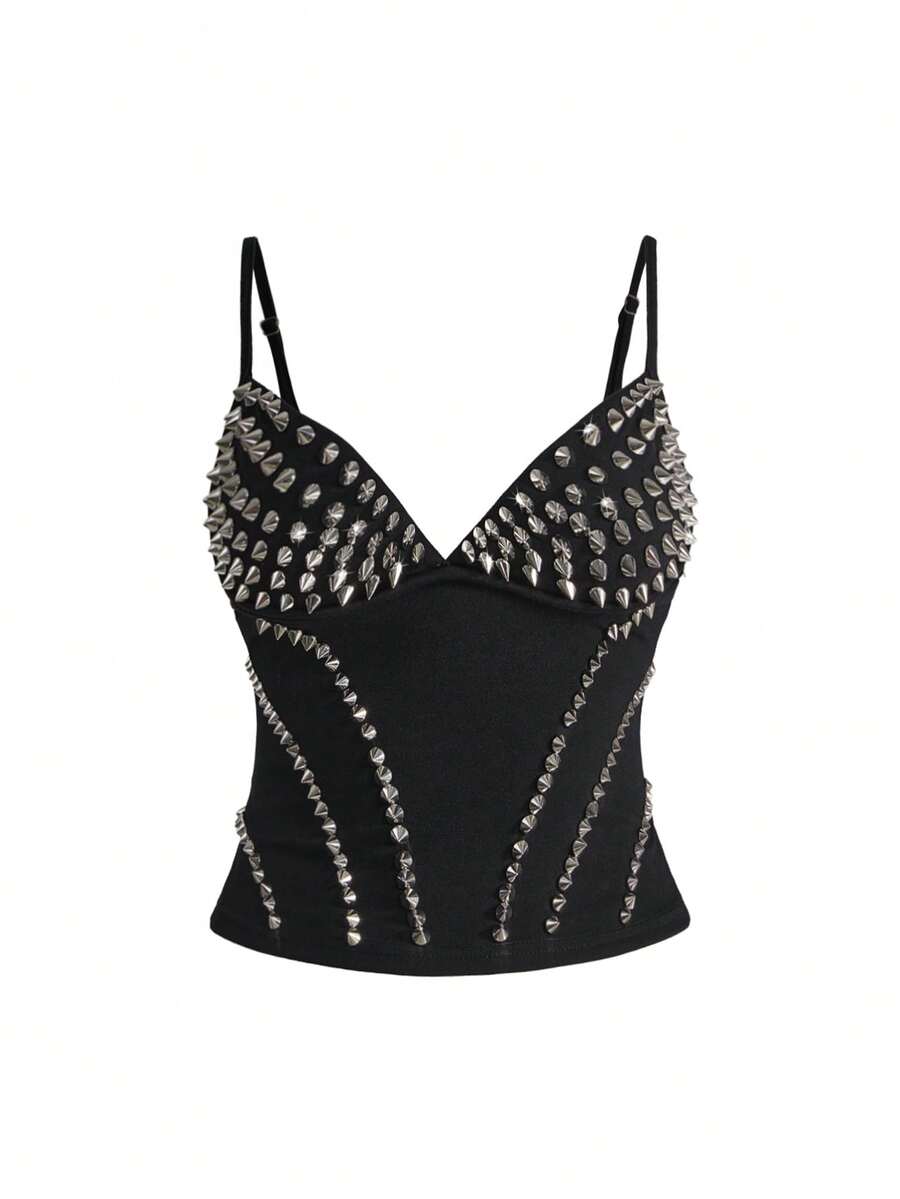 ROMWE Grunge Punk Plus Size Punk Style Rivet Decor Camisole - Black - View 1