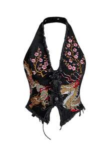 ROMWE Avant Women's Retro Motorcycle J-Fashion New Chinese Style Embroidered Halter Sexy Plus Size Denim Top - Black - View 1