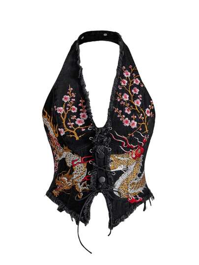 ROMWE Avant Women's Retro Motorcycle J-Fashion New Chinese Style Embroidered Halter Sexy Plus Size Denim Top