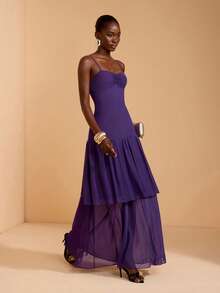 JIAN LASALA Vestido maxi de vacaciones con doble capa, ajustable y con pliegues oversize para mujeres - Morado - Ver 3