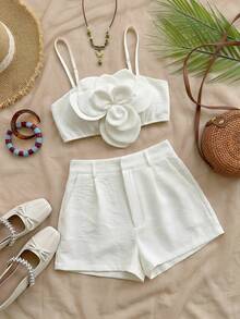 Soleia Women's Brown 3D Floral Top And Casual Shorts 2 Pieces Set - White - View 3