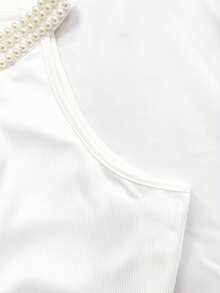 GlowEve Women's Elegant Pearl Halter Neck Ribbed Knit Tank Top, Sleeveless Slim Fit Cropped, White Solid Color Fitted Basic Top For Daily Date Wear Summer - White - View 4