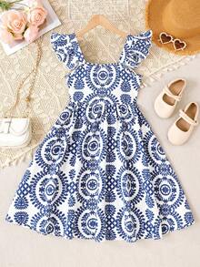 SHEIN Vestido estampado con volantes y mangas de mariposa con lazo decorativo en la espalda, patrón bohemio azul & blanco para niña preadolescente - Azul y blanco - Ver 9