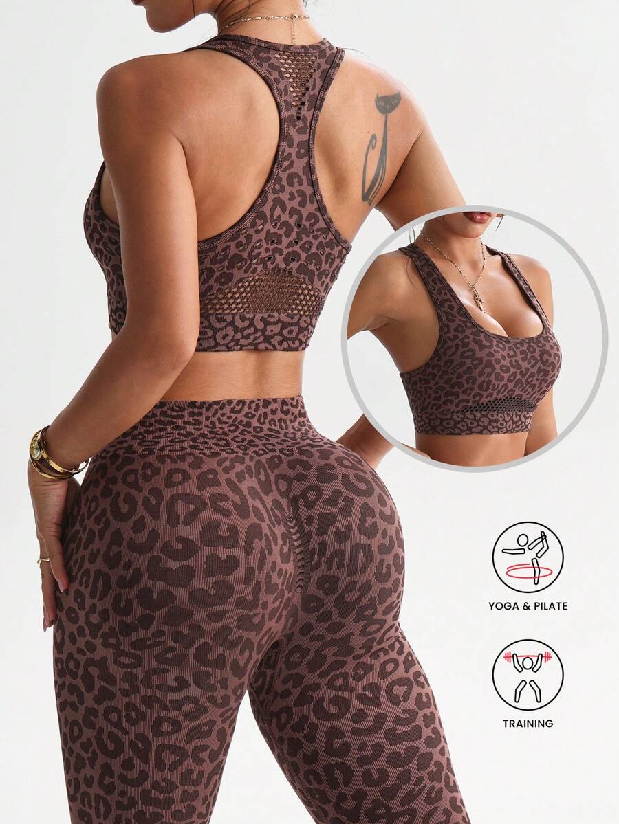 Dewbera Bộ 2 món gồm áo ngực thể thao và quần legging yoga cạp cao, không đường may, họa tiết da báo gợi cảm dành cho nữ. - Cà phê nâu - Xem 1