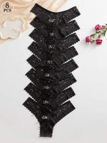 SHEIN 8件套浪漫性感蕾丝女士比基尼内裤，多色 - 黑色 - 查看 6