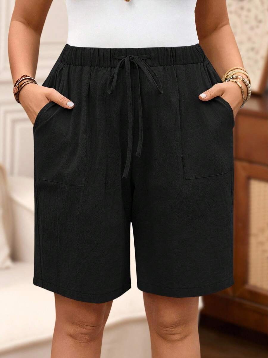 Rosumi Plus Size Women Solid Color Tie-Waist Pockets Casual Shorts - Black - View 1