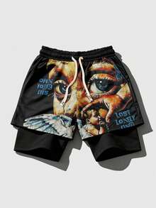 ROMWE MEN Street Life Men's Letter & Figure Print Drawstring Waist 2 In 1 Shorts - Multicolor - View 1