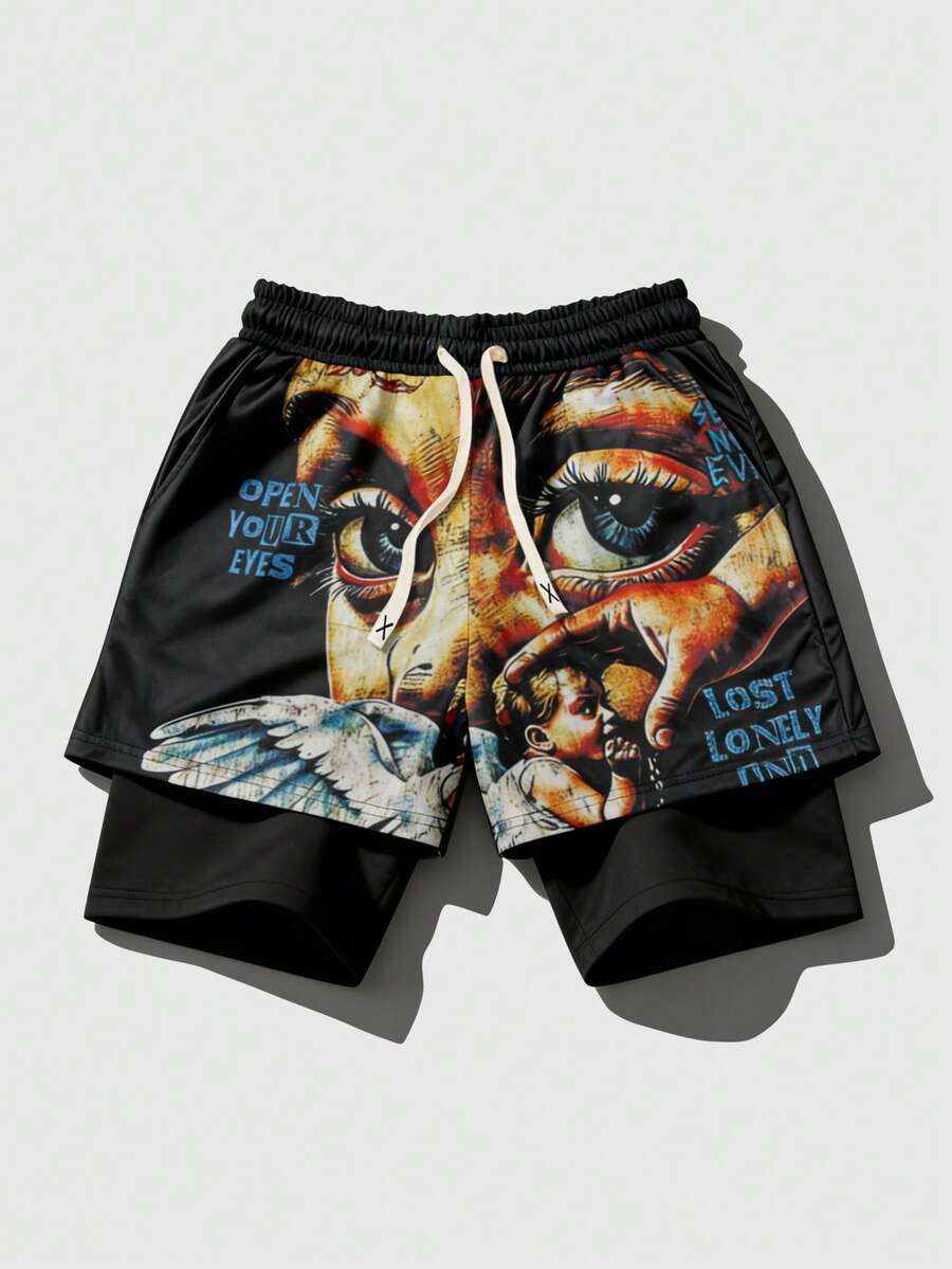 ROMWE MEN Street Life Men's Letter & Figure Print Drawstring Waist 2 In 1 Shorts - Multicolor - View 1
