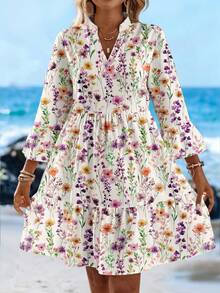 Sylviya Casual Minimalist Watercolor Floral Print Short Dress, Suitable For Summer, Vacation, Retro Style - Multicolor - View 7