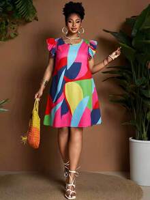 Maweii 春夏彩色A字圆领喇叭袖休闲优雅印花时尚宽松连衣裙，适合通勤、日常穿着、度假，尺码齐全。 - 彩色 - 查看 6