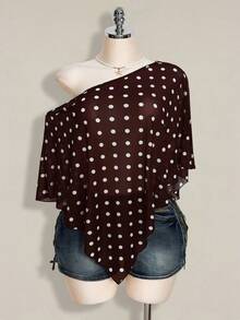 SHEIN ICON Blusa asimétrica de hombro de malla con lunares negros y blancos para mujer de talla grande - Marrón - Ver 3