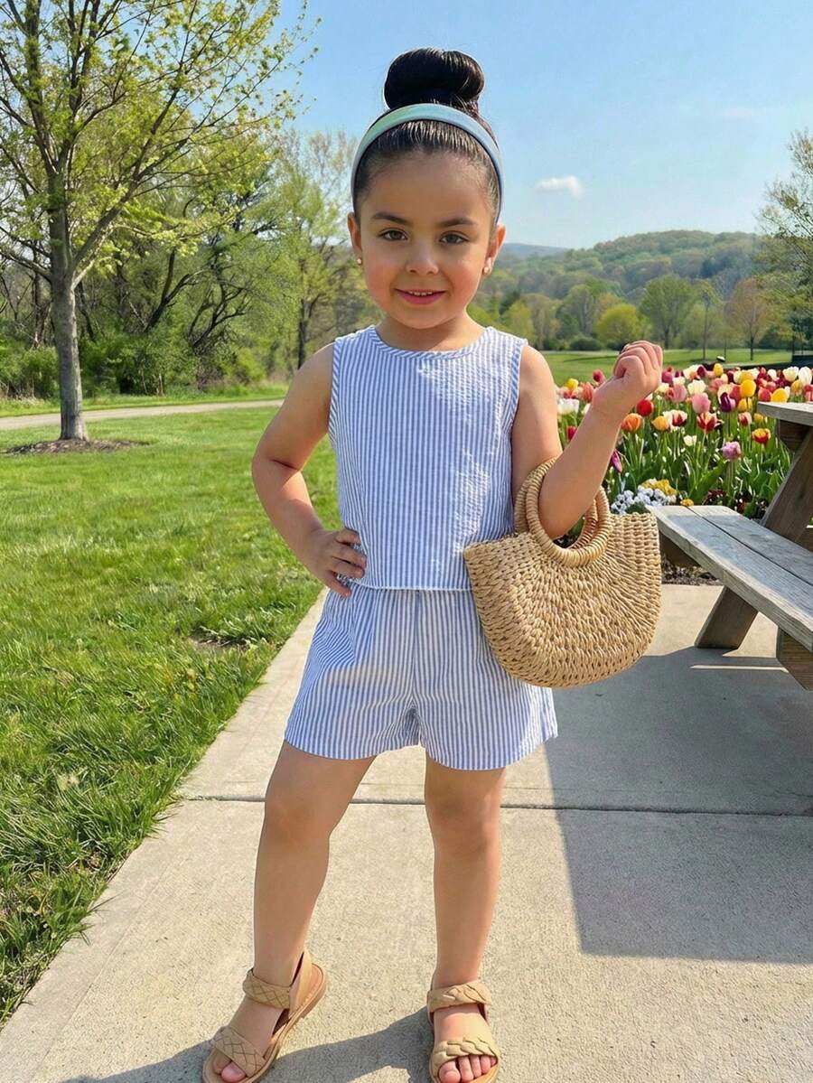 Bộ 2 áo hai dây kẻ sọc xanh dương cho bé gái mùa hè, trang phục thường ngày dễ thương, ngọt ngào cho kỳ nghỉ, bãi biển, cắm trại, hoặc mặc cùng gia đình/chị em gái. - Màu xanh lam - Xem 1