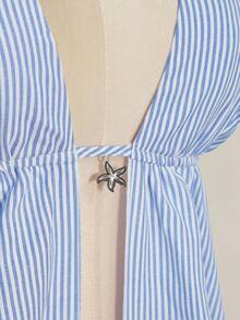 SHEIN ICON Plus Size Women's Blue And White Striped Summer Set,Deep V-Neck Top & Loose Shorts,Y2K Retro Beach Vacation Holiday,Metallic Starfish Decoration - Blue and White - View 7