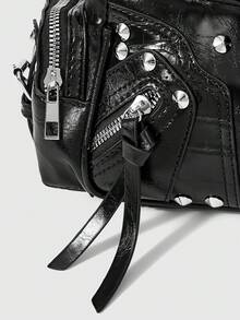 ROMWE Goth Y2K Biker Chic European & American Retro Motorcycle Style Handbag, Fashion Niche Rivet Shoulder Bag With Multi-Pockets, Oiled Wax Leather Crossbody Bag - Black - View 4