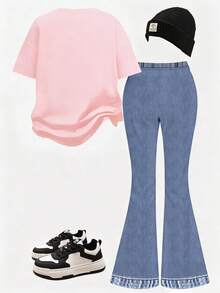Spring And Summer Young Girl Casual Fashion Creative Personalized Refreshing Minimalist White Bow Denim-Effect Letter Graphic Print Tee And Flare Pants Set, Comfortable Daily Wear - Multicolor - View 2