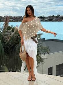 Aloruh Women's White Polka Dot Summer Boho Tropical Vacation Sequin Decorated Cover-Up,Knit Sparkly Asymmetrical Off The Shoulder Tube Top,Beach Festival Top - Apricot - View 6