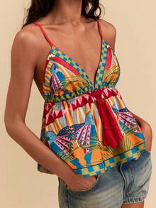 SHEIN TRVLCHIC Camiseta de tirantes con estampado geométrico y de plantas tropicales con flecos, adecuada para la playa/vacaciones - Multicolor - Ver 5