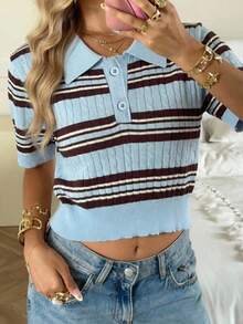 SHEIN EZwear 女士针织麻花条纹蓝色毛衣，学院风品牌针织上衣，爆款蓝色条纹Polo领短袖衬衫，适合春夏、日常通勤、约会、派对、圣诞节、新年、感恩节、婚礼、海滩、毕业典礼、时尚、优雅、休闲、外出、约会、通勤、闪亮、情人节、度假、休闲、Y2K、外出、毕业典礼 - 彩色 - 查看 7