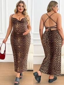 Plussiva Maternity Plus Size Leopard Print Loose Draped Neck Sleeveless Dress - Brown - View 2
