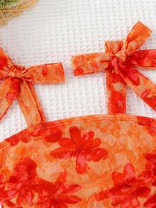 SHEIN Áo hai dây in hoa cho bé gái, kiểu buộc dây vai, thích hợp mặc hàng ngày. - Màu Cam cháy - Xem 13