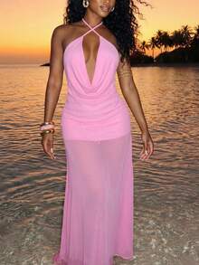 Slaydiva Women's Elegant Soft Pink High-Slit Backless Long Dress,Summer Casual Beach Holiday Vacation Holiday Wedding Guest,Cottagecore Puffed Sleeve Vintage - Pink - View 10