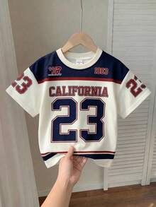 SHEIN 1pc Baby Girls/Toddlers Casual Round Neck Short Sleeve T-Shirt, Retro Numeric & Letter Print, Sports Style, Suitable For Summer, 6M-3T - Multicolor - View 3