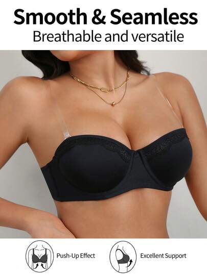 1pc Women's Lace Trim Sheer Strap Bra, Regular Size