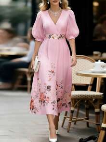 EMERY ROSE Floral Print V-Neck Elegant Long Dress - Baby Pink - View 7