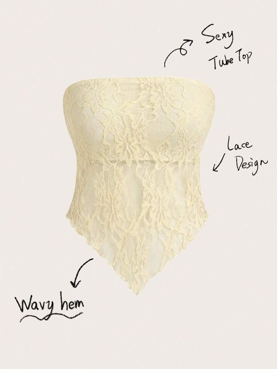 SHEIN EZwear Áo quây nữ gợi cảm, thoải mái, chất liệu ren, vạt áo bất đối xứng, màu vàng. - Vàng nhạt - Xem 1