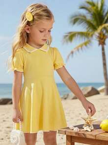 Elladie kids 少女夏季法式短袖高品质收腰连衣裙，春秋季新款 - 黃色 - 查看 4