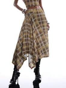 LYSMO 女士格子休闲百搭约会旅行迷你裙 - 卡其色 - 查看 3