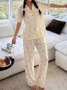 SHEIN Teen Girl Loose Casual Minimalist Comfortable Floral Print Pajama Top And Pants Set Teen Girl - Multicolor - View 1