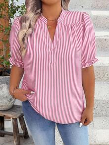 EMERY ROSE Camisa casual con cuello en V a rayas y mangas con volantes para mujer de talla grande - Rosa Fucsia - Ver 3