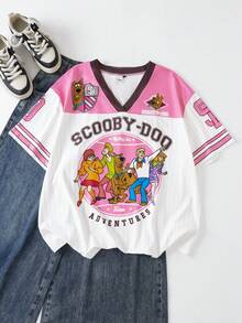 SCOOBY-DOO X SHEIN 大码女式夏季休闲运动日常通勤时尚街头趣味卡通字母印花撞色V领宽松T恤 - 粉色 - 查看 1