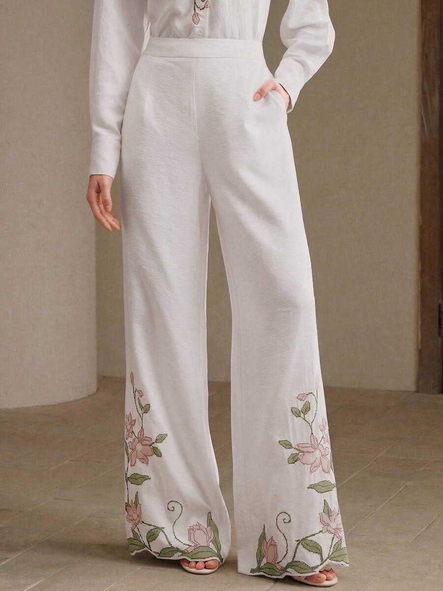 Anewsta 女款優雅休閒花卉印花寬鬆彈性腰長褲,適合春夏度假 - 白色 - 查看 1