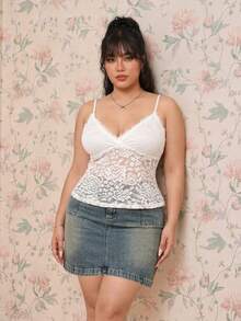 CovetEZ Camiseta de tirantes finos de encaje de unicolor elegante y casual para mujer de talla grande, estilo de moda para el verano - Blanco - Ver 4