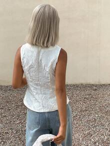 DAZY Solid Color Textured Jacquard Fitted Sleeveless V-Neck Thin Summer Vest Jacket For Women Swimming White Basic School - White - View 2