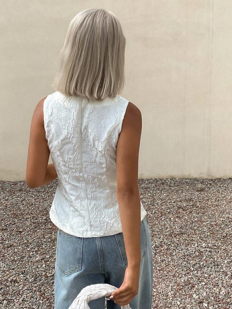 Solid Color Textured Jacquard Fitted Sleeveless V-Neck Thin Summer Vest Jacket For Women