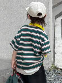 DAZY 男童条纹圆领休闲日常短袖T恤 - 墨綠色 - 查看 2