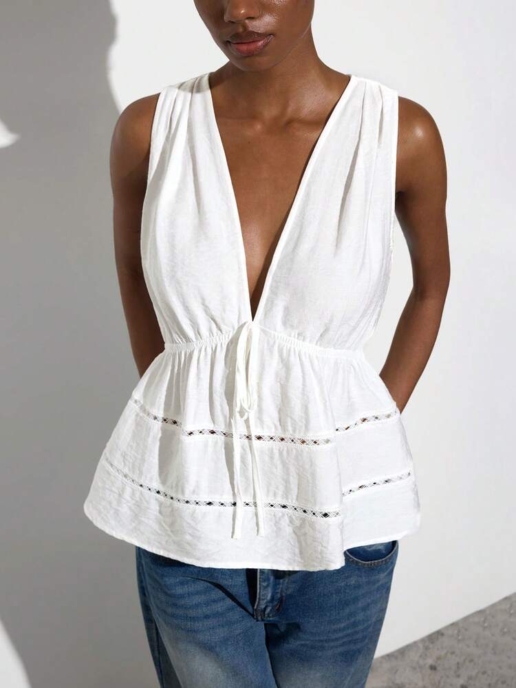 SHEIN Maija Women's Casual Solid Color Deep V-Neck Camisole Top, White Tops ,Festival Outfits ,Summer Holiday Outfits,Beach Outfit For Women