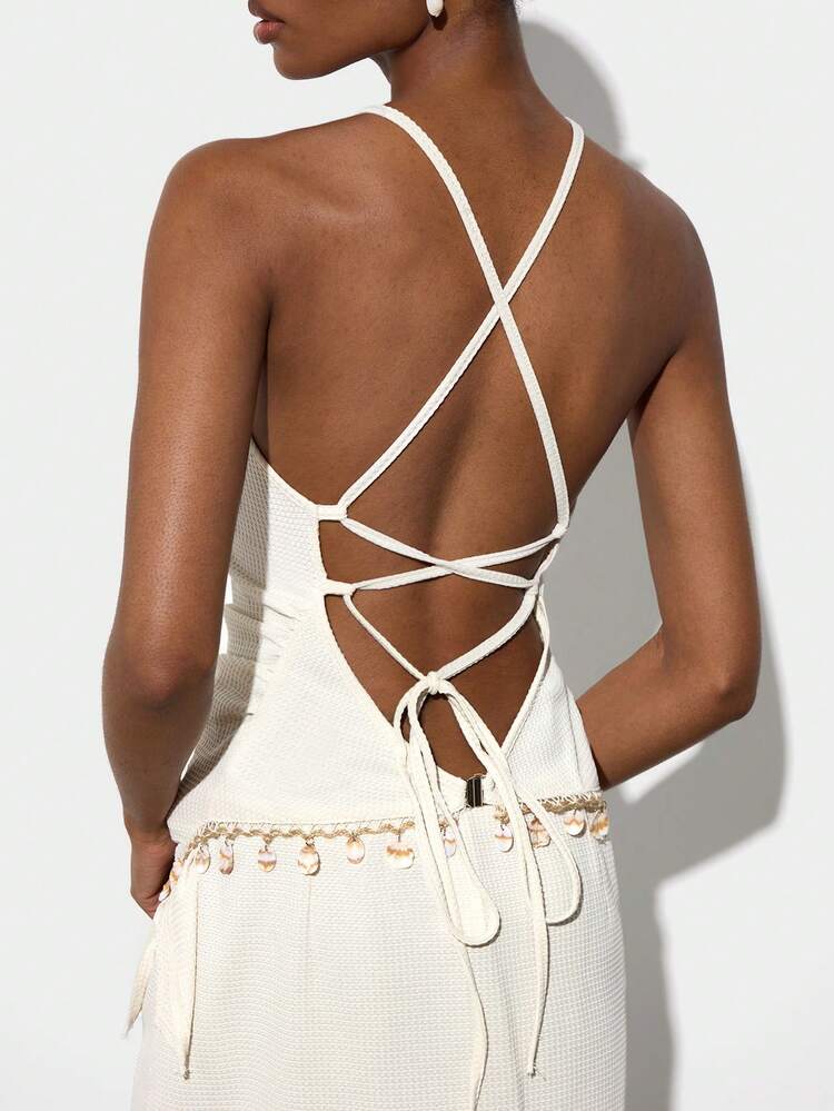 SHEIN Maija Women's Casual Pendant Decor Lace-Up Backless Halter Top,Festival Outfits,Summer Holiday Outfits,Beach Outfit For Women,Summer Top