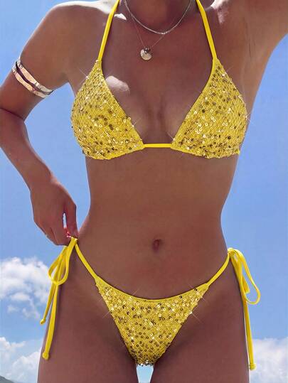  Swim MOD 2-Piece Set, Textured Glitter Halter Neck Triangle Bikini Top And Side Tie Bottoms, Sexy Women's Swimsuit Set For Spring/Summer Vacation