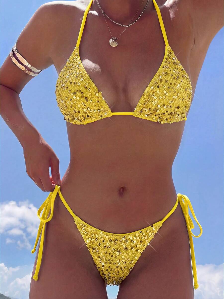 Bộ bikini 2 mảnh Swim MOD, áo bikini tam giác cổ yếm lấp lánh có họa tiết và quần bikini buộc dây bên hông, bộ đồ bơi gợi cảm dành cho nữ, thích hợp cho kỳ nghỉ xuân/hè. - Màu vàng - Xem 1