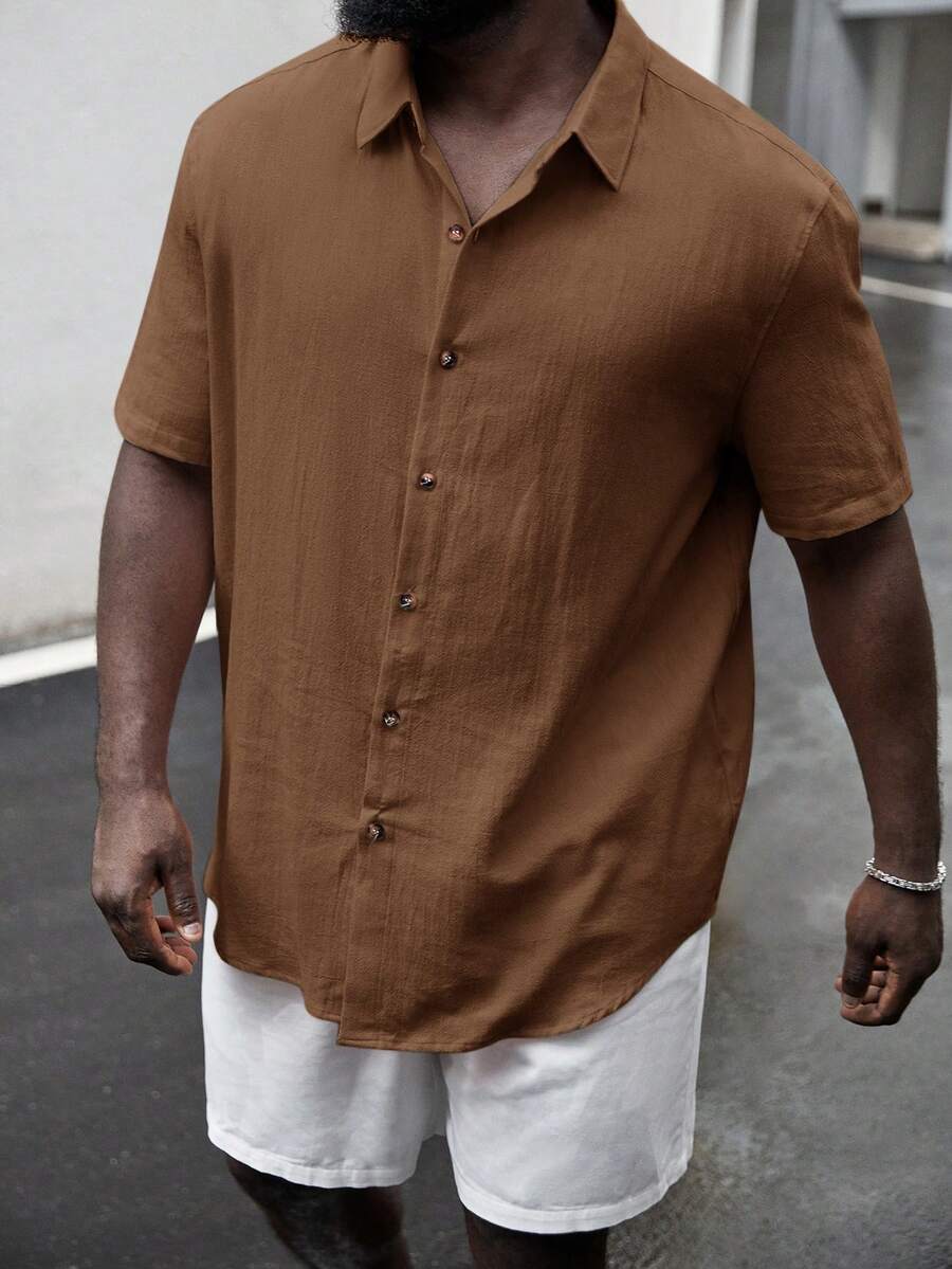 EASEVO Plus Size Men's Woven Single-Breasted Casual Short Sleeve Shirt, Suitable For Commuting And Daily Wear - Brown - View 1
