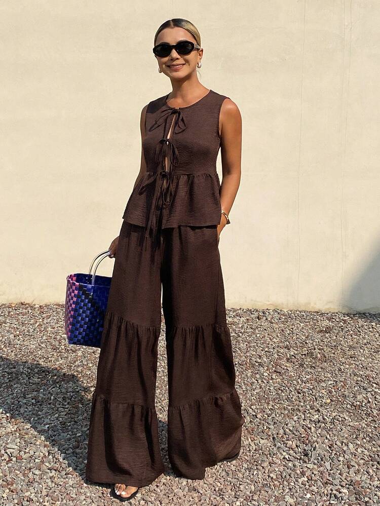 Spring & Summer Loose Casual Vacation Style Cropped Shirt And Wide Leg Pants 2 Pieces Set For Women