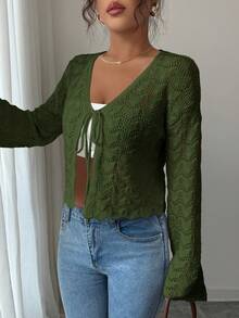 Elenzga Women's Elegant Tie-Front Hollow Out Cardigan - Army Green - View 5