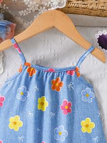 SHEIN Playful Pals 女嬰夏季韓式休閒可愛花卉與丹寧效果梭織洋裝，適合休閒與度假可愛穿搭 - 彩色 - 查看 6