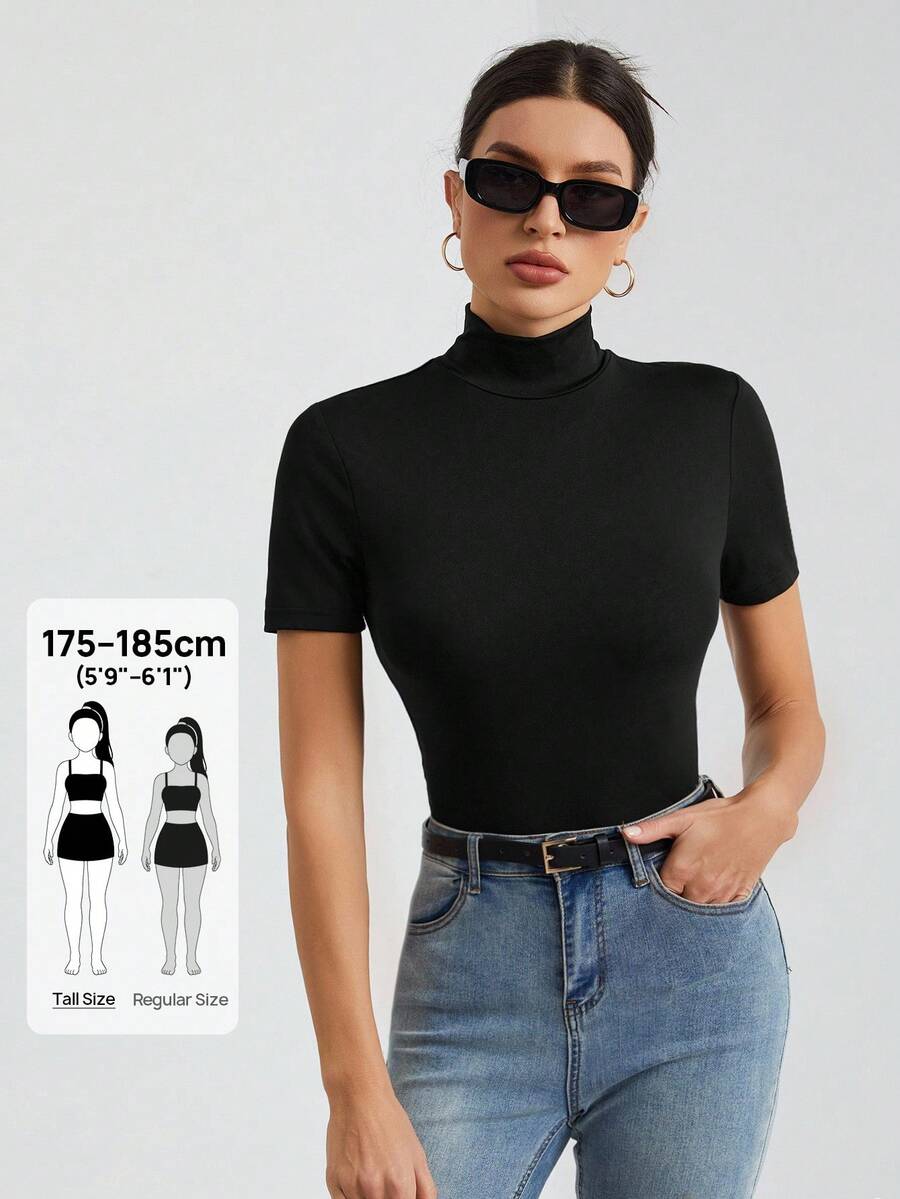 SHEIN Tall 女款純色基本款黑色高領短袖T恤，適合高個女性