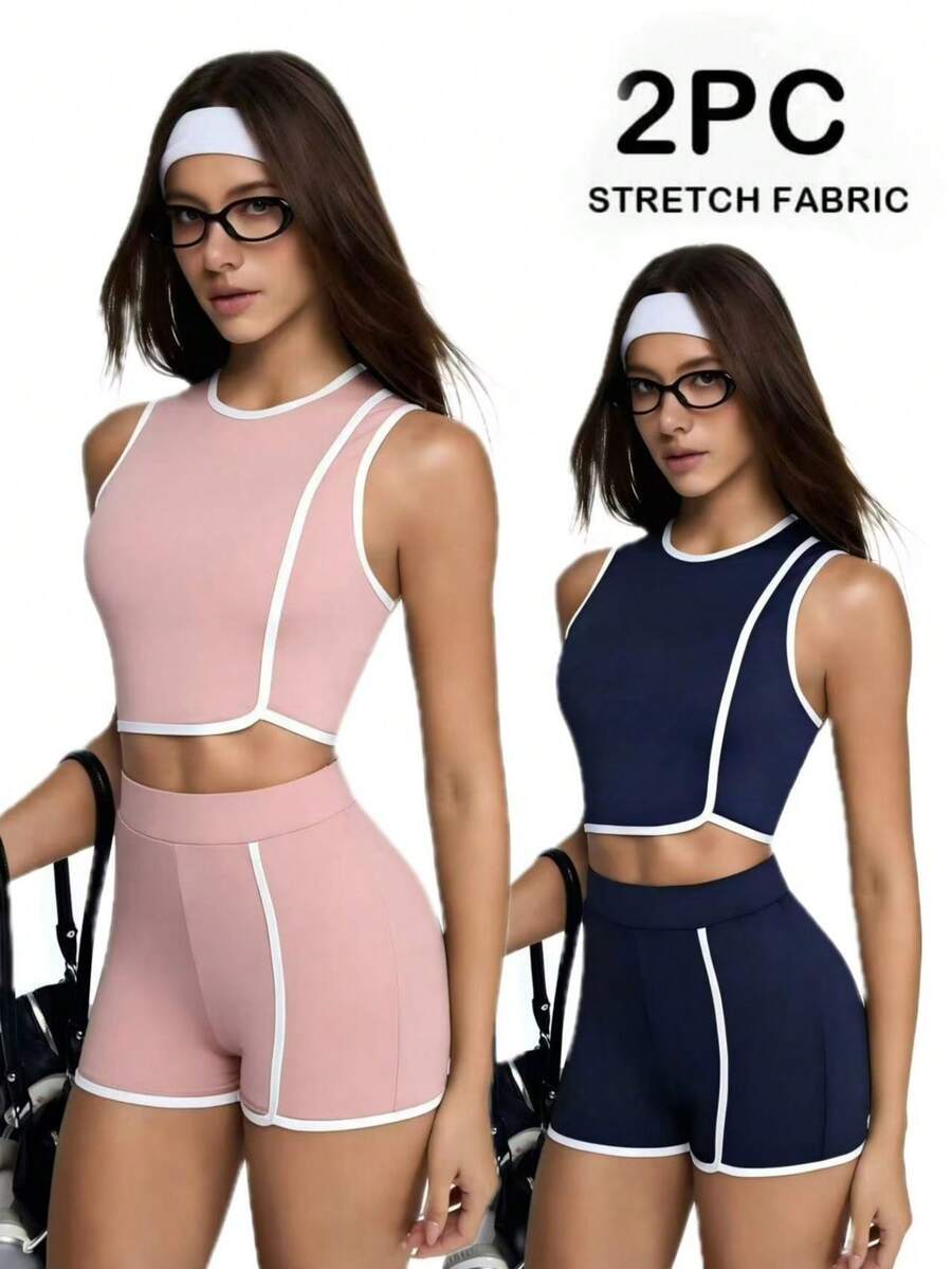 Eassivo Eassivo 4 Pcs Women's Navy Blue And White,Summer Contrast-Trim Crop Tank&High-Waist Shorts Set,Athletic 2 Pieces Workout Clothes,Athleisure,Gym,Yoga&Running - Navy Blue - View 1