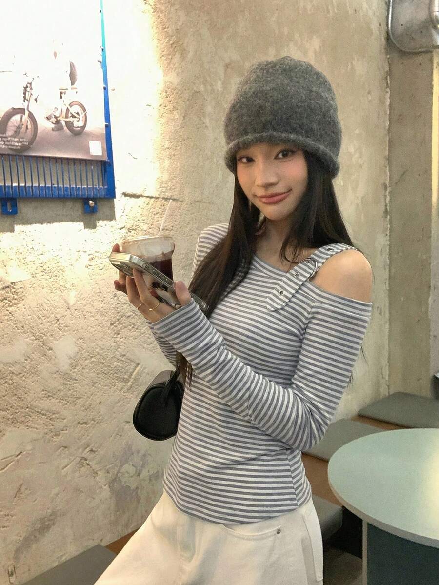 DAZY 女士休闲条纹长袖T恤,宽松版型,独特设计,春秋季款 - 灰色 - 查看 1